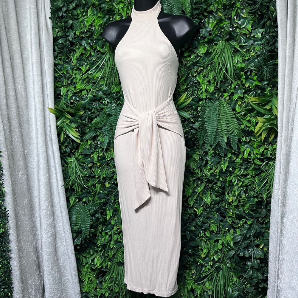 Here Comes The Sun Dress Small Cream Ribbed Halter Midi Front Tie Waist 4015